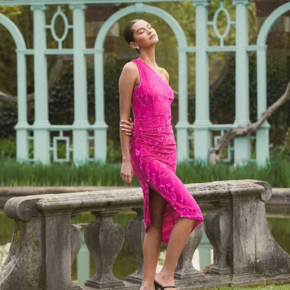 NWT Hutch One Shoulder Ruched Pink Velvet Dress Medium - Picture 5 of 12